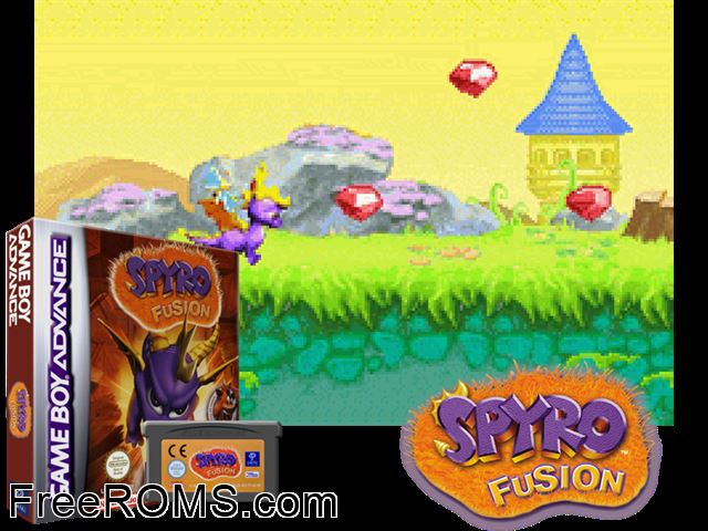 Spyro Fusion Gameboy Advance game showing 3D box cover and gameplay screenshot
